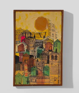 Sheila Bonser (20th Century, Dayton) Mixed Media: Collage and acrylic on canvas, untitled. Sunrise upon a town. Signed lower right. Sight- 16 1/8 x 10 1/4 Frame- 16 3/4 x 11