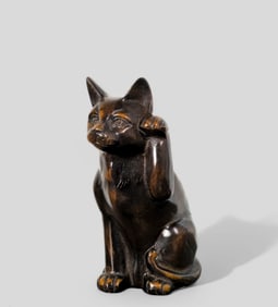 Bizen Maneki Neko Style Bronze Beckoning Cat Sculpture