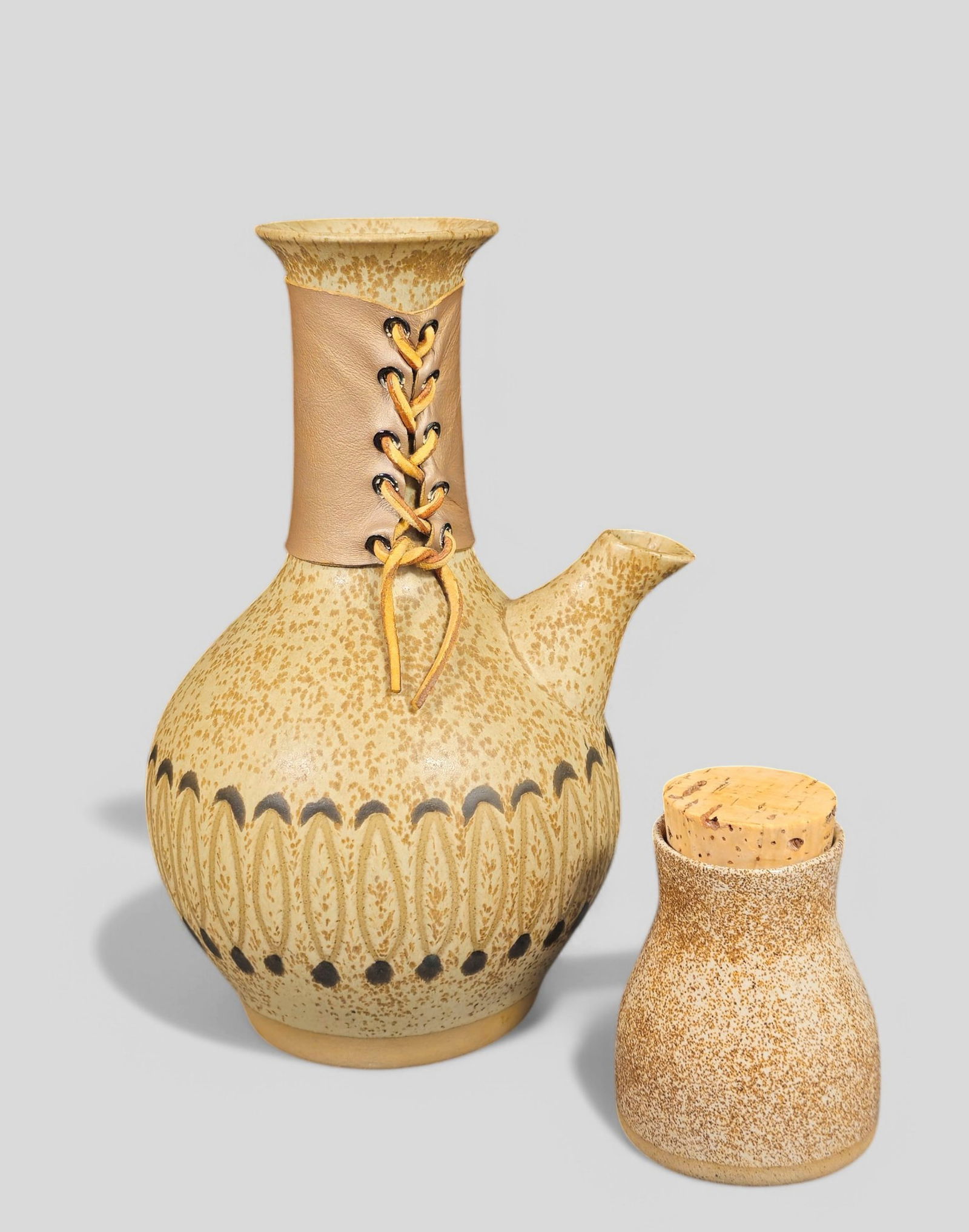 Jane & Gordon Martz Carafe & Sugar: Jane & Gordon Martz Carafe & Sugar, Marshall Studios, USA, 1960's. Signed to underside. Glazed earthenware. 6w x 7 1/2d x 10h, Sugar- 3dia x 4h