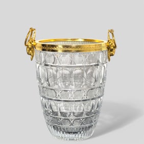 French Crystal Ice Bucket with Brass Goat Head Handles