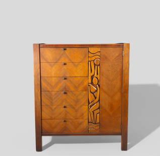 United MCM Tiki Chest/ Dresser: United MCM Tiki Chest/ Dresser. United Furniture, USA, 1970. Cabinet features six drawers and door with shelves. Walnut and enameled metal. Manufacturer's mark to drawer. 48w x 20 1/4d x 54h.