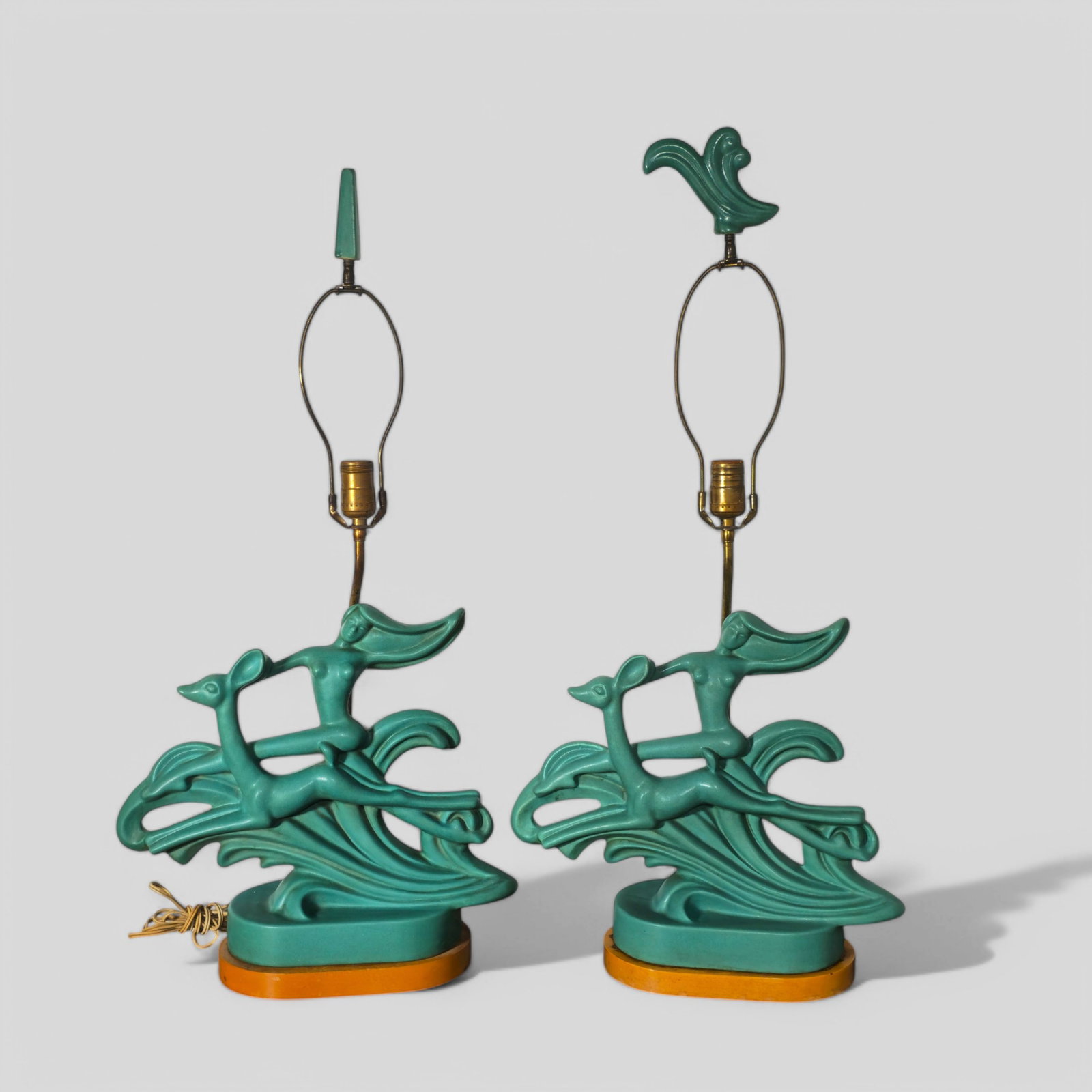 Royal Haeger Table Lamps: Royal Haeger Table Lamps, USA, 1950. Art Deco revival. Glazed ceramic, maple and brass. 15 1/2w x 6 1/2d x 32 1/2h