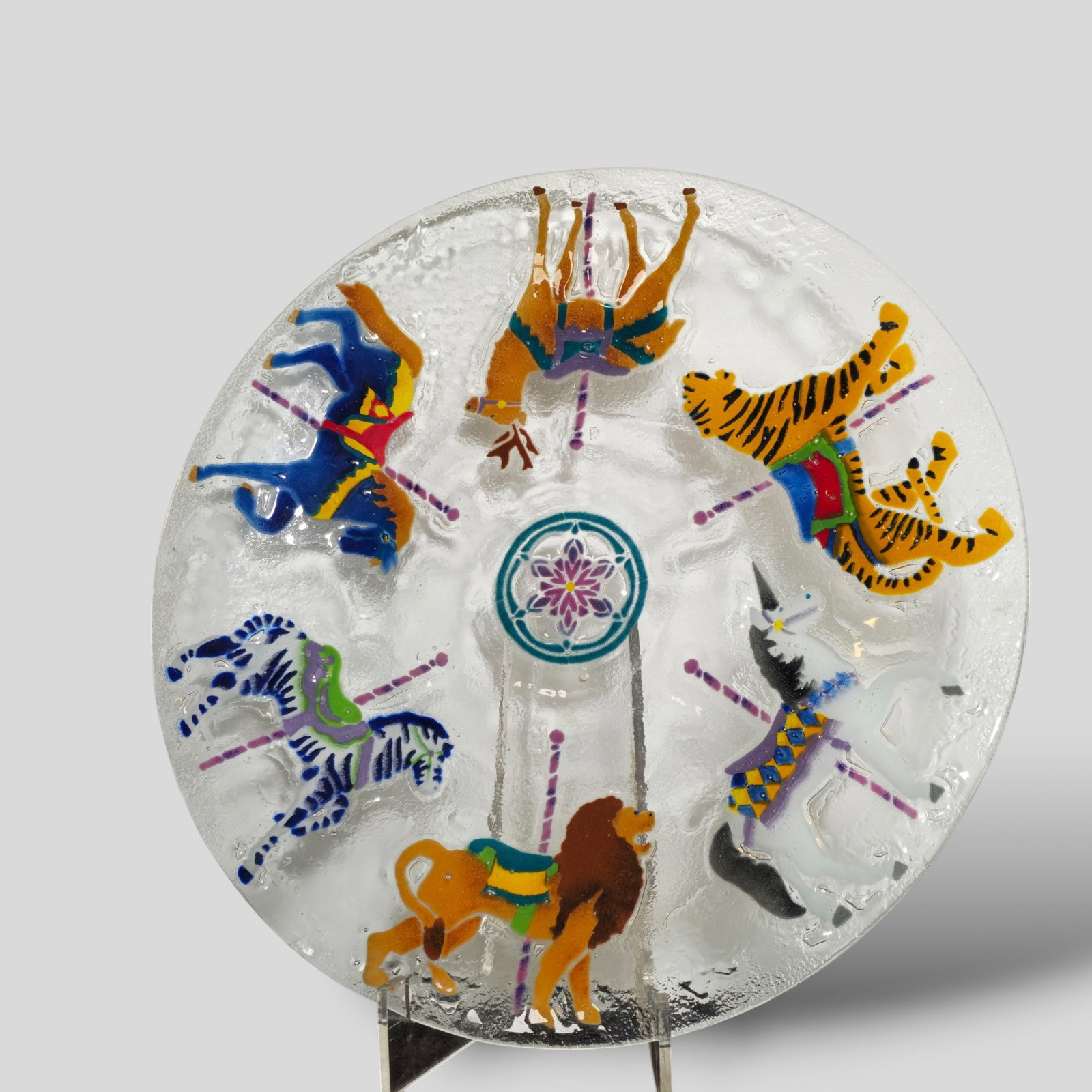Peggy Karr "Carousel 19" Art Glass Charger: Peggy Karr "Carousel 19" Art Glass Charger, USA, 1991. Fused glass. Incised signature to border. 19 1/2dia x 1 1/2h