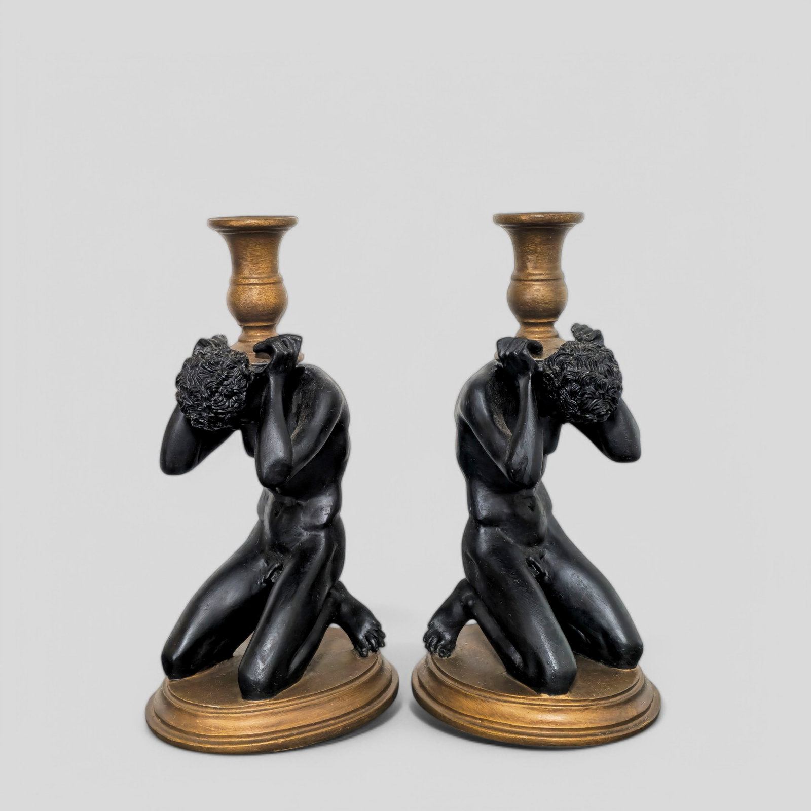 Vintage Boho Male Figure Candlesticks: Vintage Boho Male Figure Candlesticks, 20th Century. Cast metal and resin. 4 3/4w x 5 1/2d x 10h