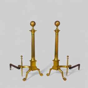 Large Neoclassical Brass Andirons