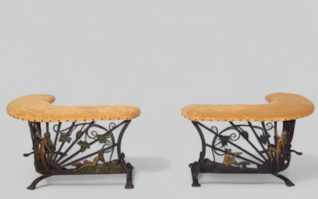 Pair of Art Nouveau Nymphs & Sative Motif Benches