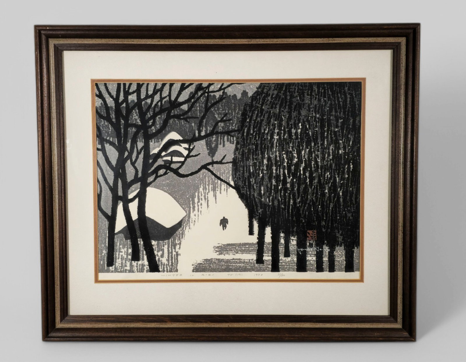 Kiyoshi Saito (1907-1997)(Japan) Woodcut in Colors, Winter in Aizu: Woodcut on woven paper, "Winter in Aizu" signed, blind marked, titled, dated and a numbered 35/80 Sight- 13 x 20 1/4 Frame- 24 x 28 1/2