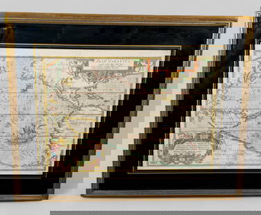 Map of the Pacific, 1589 by Abrahamus Orelius: Map of the Pacific, 1589 by Abrahamus Orelius. Watercolor on paper. House in reverse black glass matt and giltwood beaded frame. 14 1/2 x 20 1/2 Frame- 28 x 22 1/4