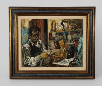 K.A.M. Oil on Masonite, Gentleman in Workshop