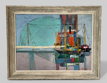Arthur Helwig (1899-1976)(Cincinnati) Oil "Sailing Ship at Dock"