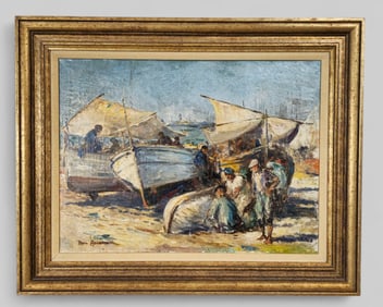 Paul Ashbrook (1867-1949)(Ohio/Mexico) Oil, Men on Shore with Boats