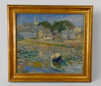 Charles S Kaelin (1858-1929)(Cincinnati, MA) Oil Village Harbor Scene