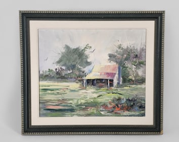 Mary Marxen (20th Century) (USA) Oil Bright & Colorful Log Cabin