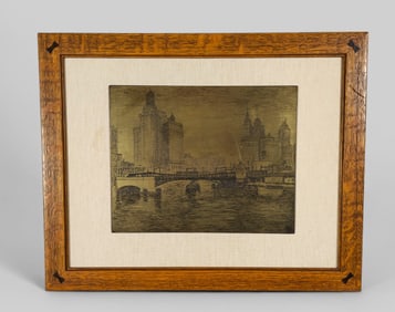 Edward Timothy Hurley (ETH) (1869-1950) Copper Plate, "Chicago River" Bridge & Skyline 1937