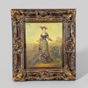 Oil of Lady Gathering Flowers, Illegible