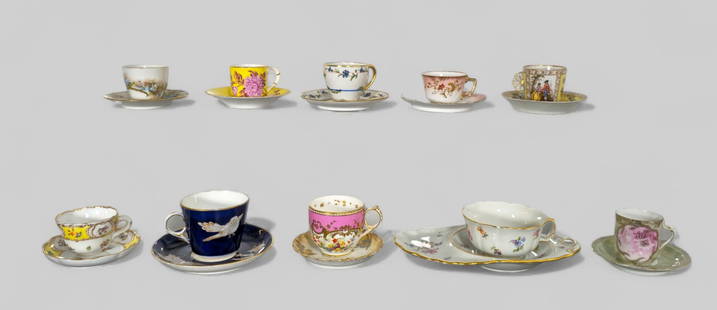 Assembled Cups & Saucers: Assembled Cups & Saucers, 19th and 20th century. (10) cups & saucers and (1) odd saucer. Crossed swords Meissen "Scattered flowers, Helena Wolfohn, Royal Worcester floral, Dresden floral, Limoges flor