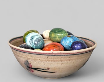 Stoneware Bowl with Marble & Stone Eggs