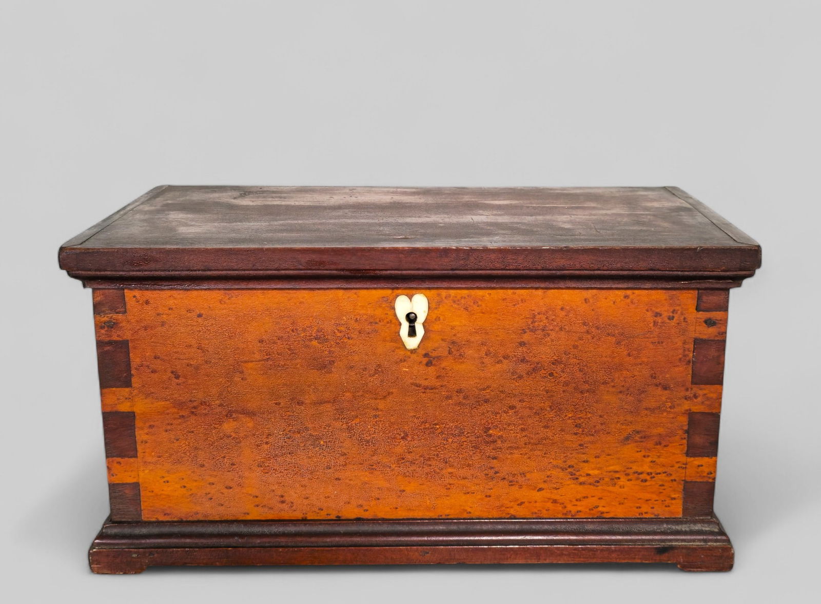 19th Century Dovetailed Hinged Lid Box: 19th Century Dovetailed Hinged Lid Box, circa 1890. Walnut and Birdseye maple. Thumb molded base. Pine back and bottom interior. 12 3/4w x 6 1/4d x 6 3/4h