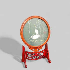 Chinese Suzhou Embroidering Rosewood Circular Table Top Screen