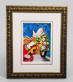 Zamy Steynovitz (1951 - 2000) (Poland) Serigraph on Woven Paper. "Dove and Flowers"