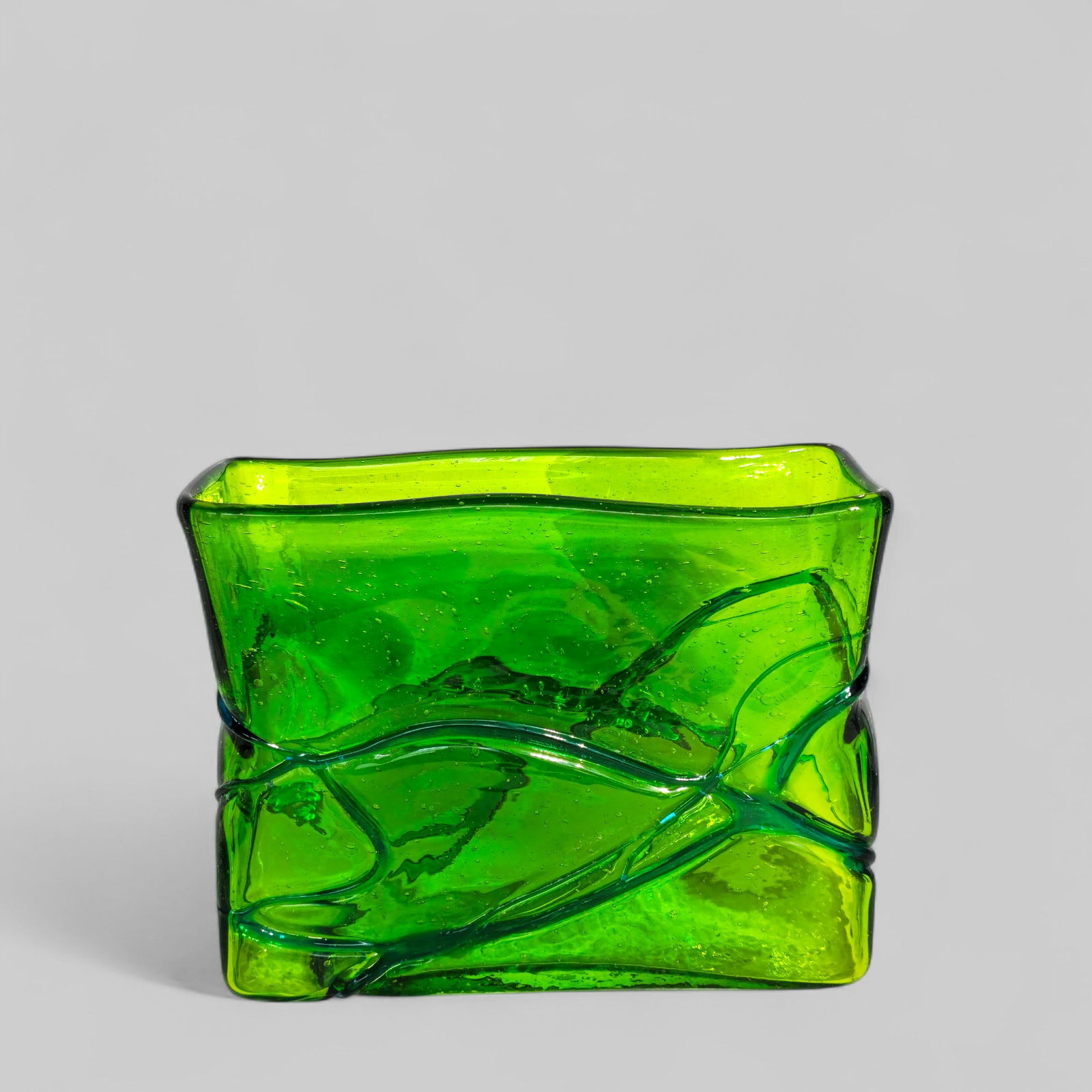 Flavio Poli for Seguso Green Planter: Mid century modern glass planter in the style of Helena Tynell for Riihimaen Finland. Vibrant green glass. 10w x 4d x 7 3/4h