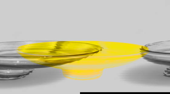 Blenko Bright Yellow Glass Bowl: Mid century modern bright yellow glass bowl by Blenko circa 1960's. Blenko stamp to bottom. 14 1/4dia x 3 3/8h