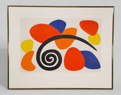 Alexander Calder (1898-1976) (PA, NY) Lithograph "Abstract II": Lithograph on paper "Abstract II" by Alexander Calder. Featuring a mix of organic shapes in red, yellow, orange and blue. Image - 14 1/2 x 21 1/2 Frame- 22 1/4 x 28 1/4