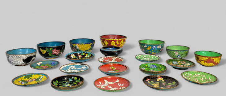 Large Chinese Cloisonne Grouping: (11) cloisonne dishes and (10) cloisonne bowls. Likely early 20th century Chinese. Marked China to bottom. Largest Bowl- 5 1/8dia x 2 3/8h