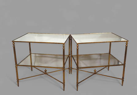 Regency Style Gilt Brass Occasional Table: Regency Style Gilt Brass Occasional Table, pair, 20th century. Gilt metal, glass and mirrored glass with "X" stretcher.25 3/4w x 18d x 25 1/2h