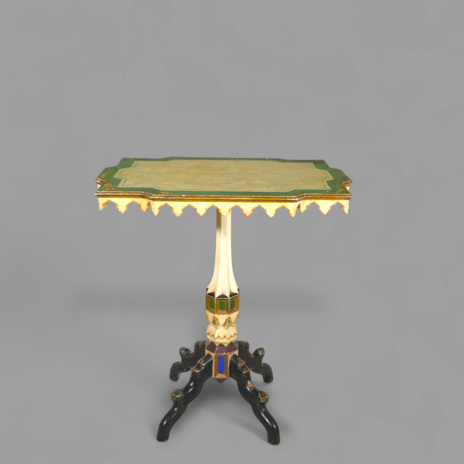 Art Nouveau Style Pillar Table: Art Nouveau Style Pillar Table, Mid 20th century. Scalloped molded border over a saw tooth apron. Unusual hand turned and shaped support. Table rests on spider legs. 27 3/4w x 19 1/2d x 30 1/2h