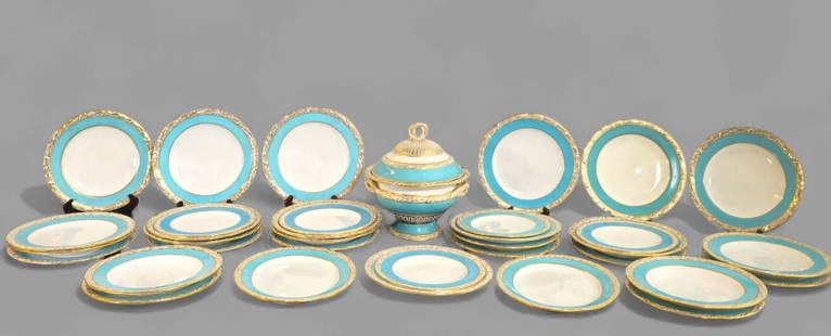 19th Century Old Paris Porcelain Tableware: 19th Century Old Paris Porcelain Tableware, consisting of (15) plates, (12) soup bowls, (5) salad plates 10dia, (2) platters and tureen. Plates- 10dia Soup bowl- 10dia Salad plates- 8 7/8dia Platter 1