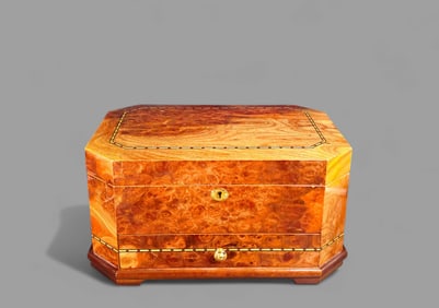 Italian Octagonal Burl Wood & Inlay Jewelry Box