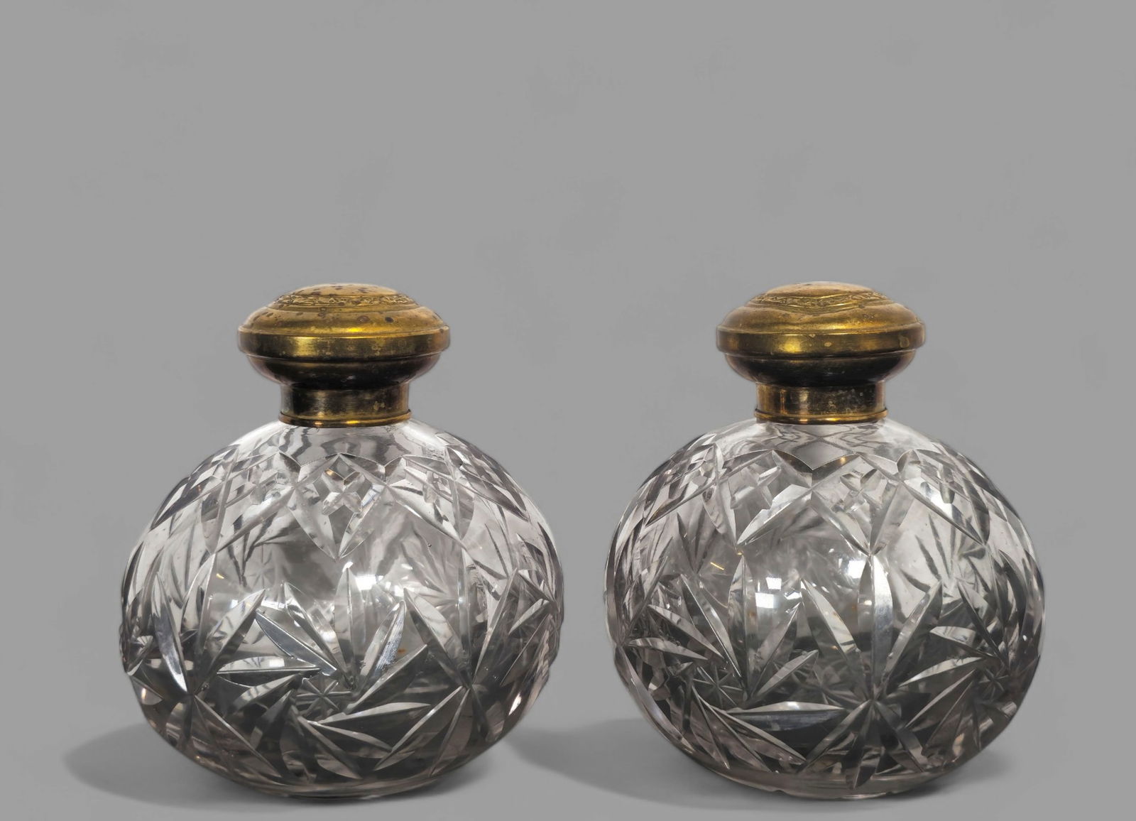 19th Century Cut Glass & Brass Perfumes: 19th Century Cut Glass & Brass Perfumes, circa 1880. Perfumes- 4 1/4dia x 5 1/4h