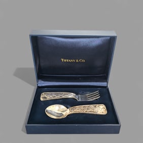 Tiffany & Co. Sterling ABC Bear Baby Fork & Spoon Original Box