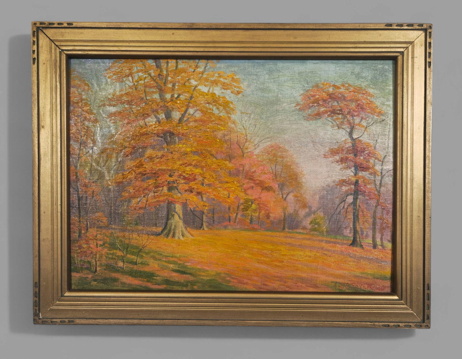 Jacob S. Royer (1883-1959) (Ohio) Oil, "The Last Glow of Sunset": Oil on board, "The Last Glow of Sunset" signed and dated 1930 lower right. Titled, signed and numbered 941 to verso. Housed in gold 1920's frame. Sight- 12 1/2 x 17 1/2 Frame- 16 1/4 x 21 1/8