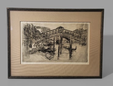 Frank Duveneck (1848-1919) (Covington, Cincinnati) Etching "The Rialto Bridge, Venice"