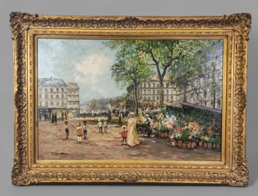 Jacques Deveau (B. 1937) (France) Oil, Paris Markey Day Street Scene