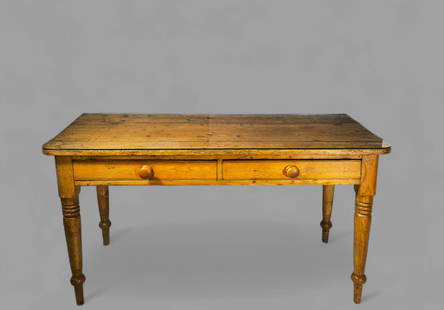 Pine Two Drawer Work Table: Pine Two Drawer Work Table, circa 1920's-1930's. Pine overhang top over two drawer with turned knobs. Work table has flat aprons, turned legs and turnip feet. 56w x 25 1/2d x 29 3/4h