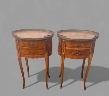 French Louis XV Marquetry Inlaid Nightstands: French Louis XV Marquetry Inlaid Nightstands, pair. Circa 1940. Oval tops with pierced brass gallery. Mixed wood marquetry inlay, two drawers and bronze ormolus. Nightstands, have cabriole legs and br