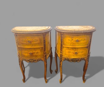French Louis XV Hand Painted Marble Inset Nightstands
