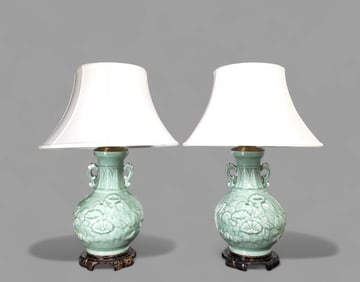 Chinese Celedon Double Handle Table Lamps