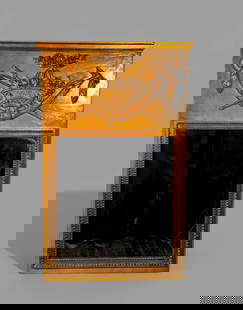 Borghese Trumeau Mirror: Borghese Trumeau Mirror, gilt wood carved high relief wheat basket with draping garlands. Mirror has gadroon borders. Manufacturer's mabel to verso. 28w x 48h