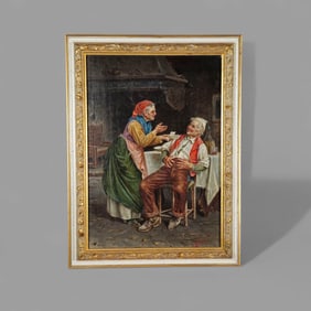 Oil of Elderly Couple Illegible