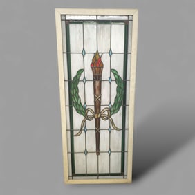 20th Century Stain Glass Window of Greek Torch