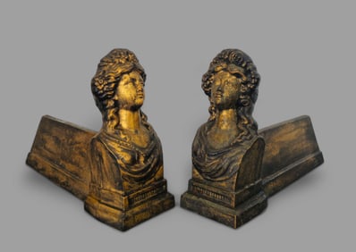 Gilt French Cast Iron Bust of Lady Andirons