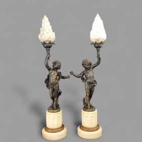 Auguste Mreau Bronze & Marble "Torch Boy" Lamps