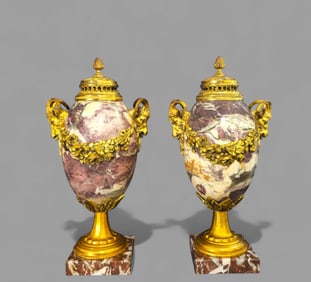 Louis XVI Brance Violette Marble & Gilt Bronze Ormolu Mounts Urns