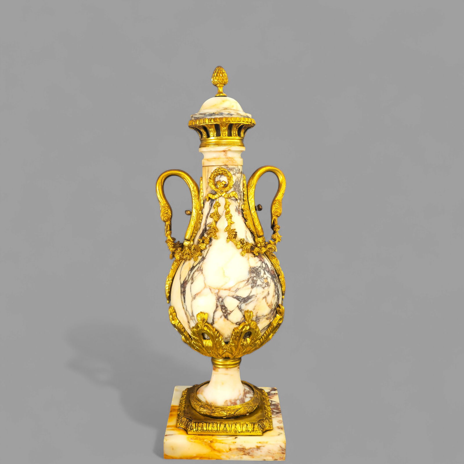 Late 19th Century French Empire Gilt Bronze & Marble Coverd Cassolettes: Late 19th Century French Empire Gilt Bronze & Marble Coverd Cassolettes, circa 1890. Artichoke lid handle over a dome lid over a gilt bronze top.. Bulbous marble center flanked by gilt bronze swan han