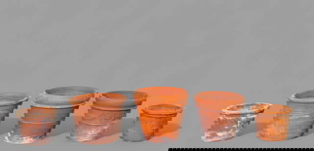Assembled Italian Tuscany Terracotta Pots: Assembled Italian Tuscany Terracotta Pots, (1) pair and (3) odd planters. 20th century. Largest pot with high relief floral decoration. Larger- 15dia x 12 1/4 Smaller 12dia x 9 1/2h