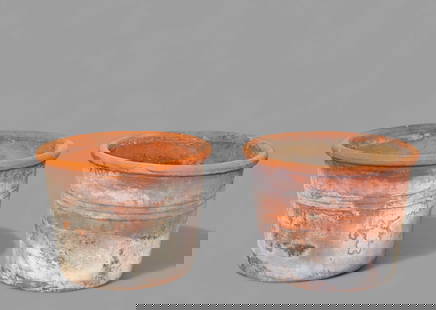 Large Round Ribbed Italian Tuscany Terracotta Pots: Large Round Ribbed Italian Tuscany Terracotta Pots, pair, 20th century. Planters with rolled rim and ribbed rings to side. 20 1/2dia x 14
